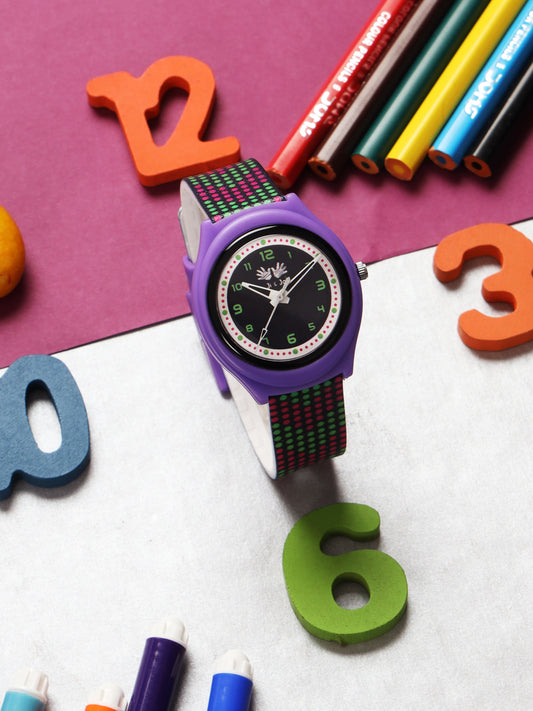 Kid’s Black Dial Analog Watch with Purple Case & Multicolor Silicone Strap - JJ228