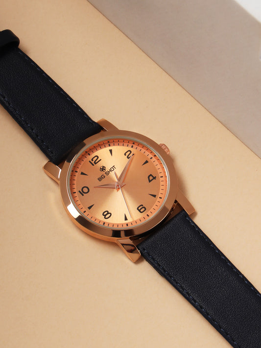 Men’s Rose Gold Dial Analog Watch with Navy Blue Leather Strap - BSM005E