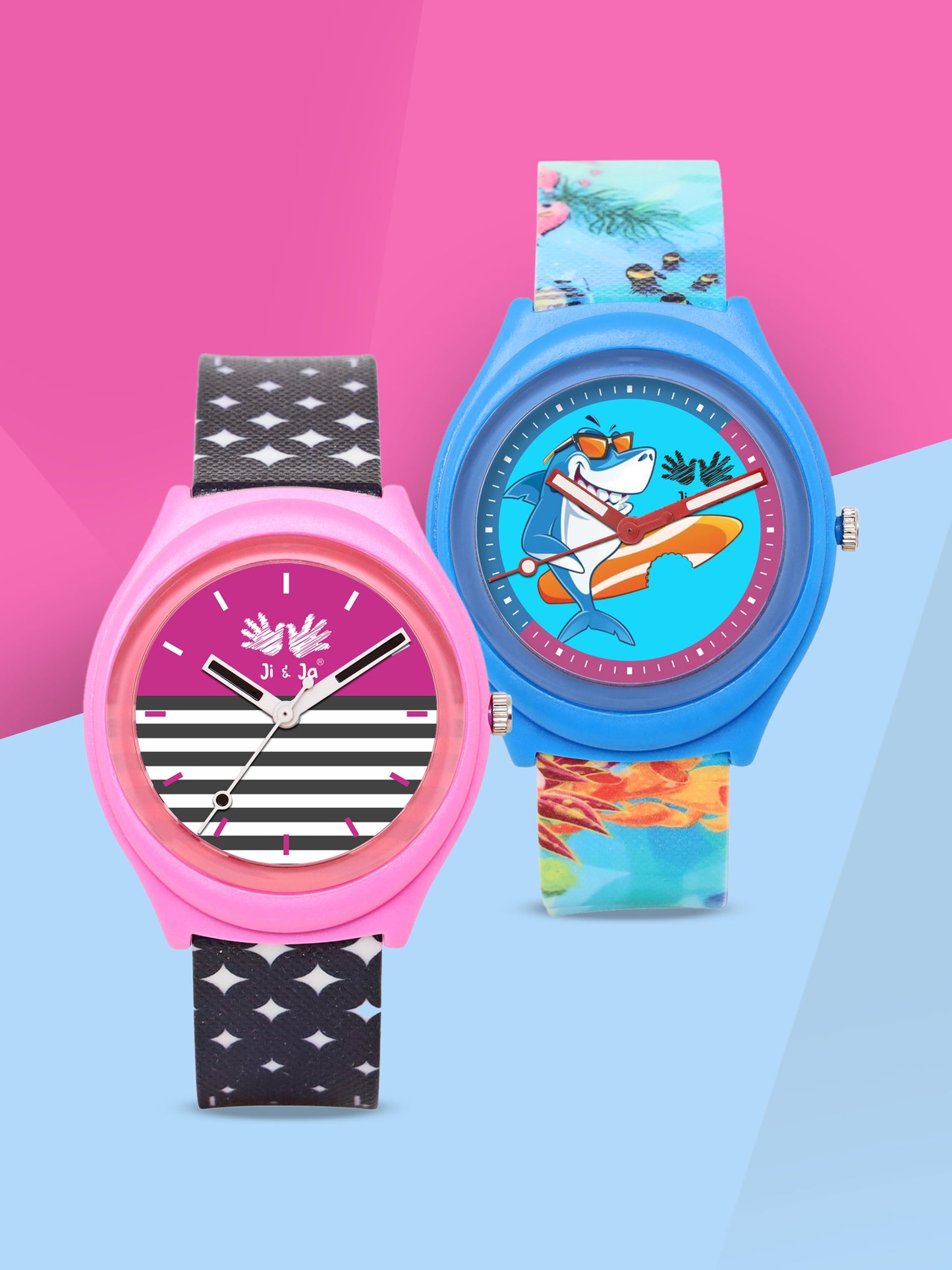 Kids’ Combo Pack Analog Watches – Pink Stripes Design & Shark Surf Cartoon Theme - JJ116102