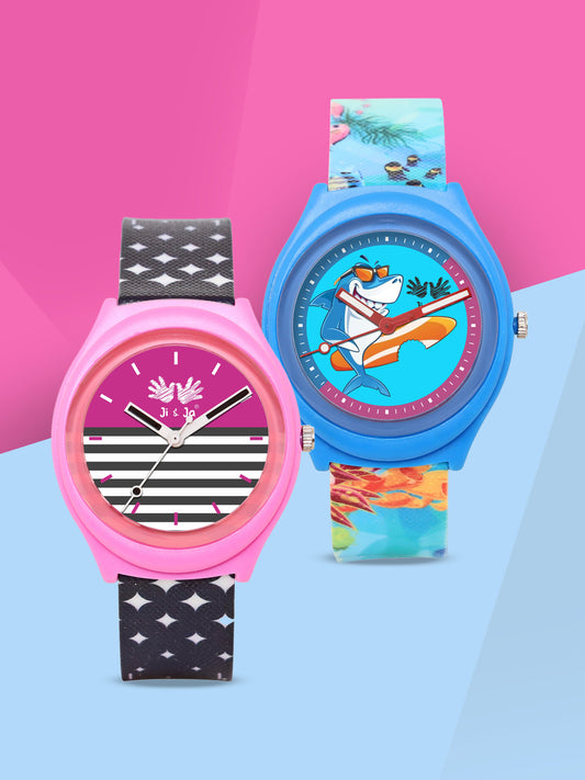 Kids’ Combo Pack Analog Watches – Pink Stripes Design & Shark Surf Cartoon Theme - JJ116102