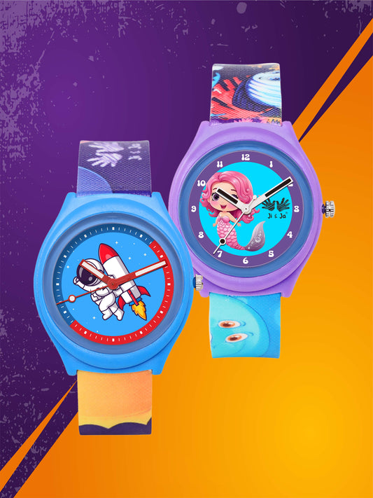 Kids’ Combo Pack Analog Watches – Astronaut Rocket Theme & Mermaid Cartoon Design - JJ115118