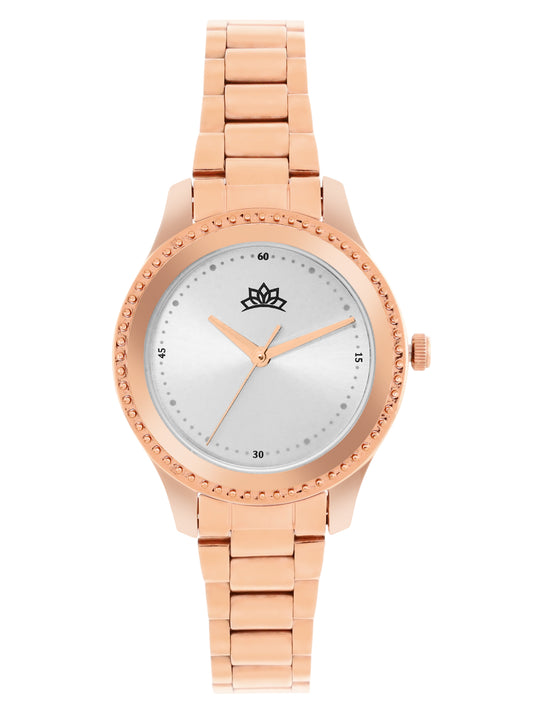 Women’s Rose Gold Bracelet Watch with Crystal Bezel & Silver Dial - D001F
