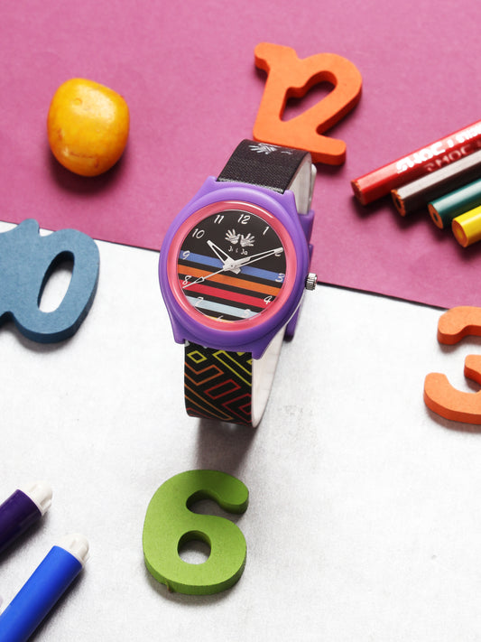 Kid’s Black Dial Analog Watch with Multicolor Stripes & Patterned Silicone Strap - JJ235