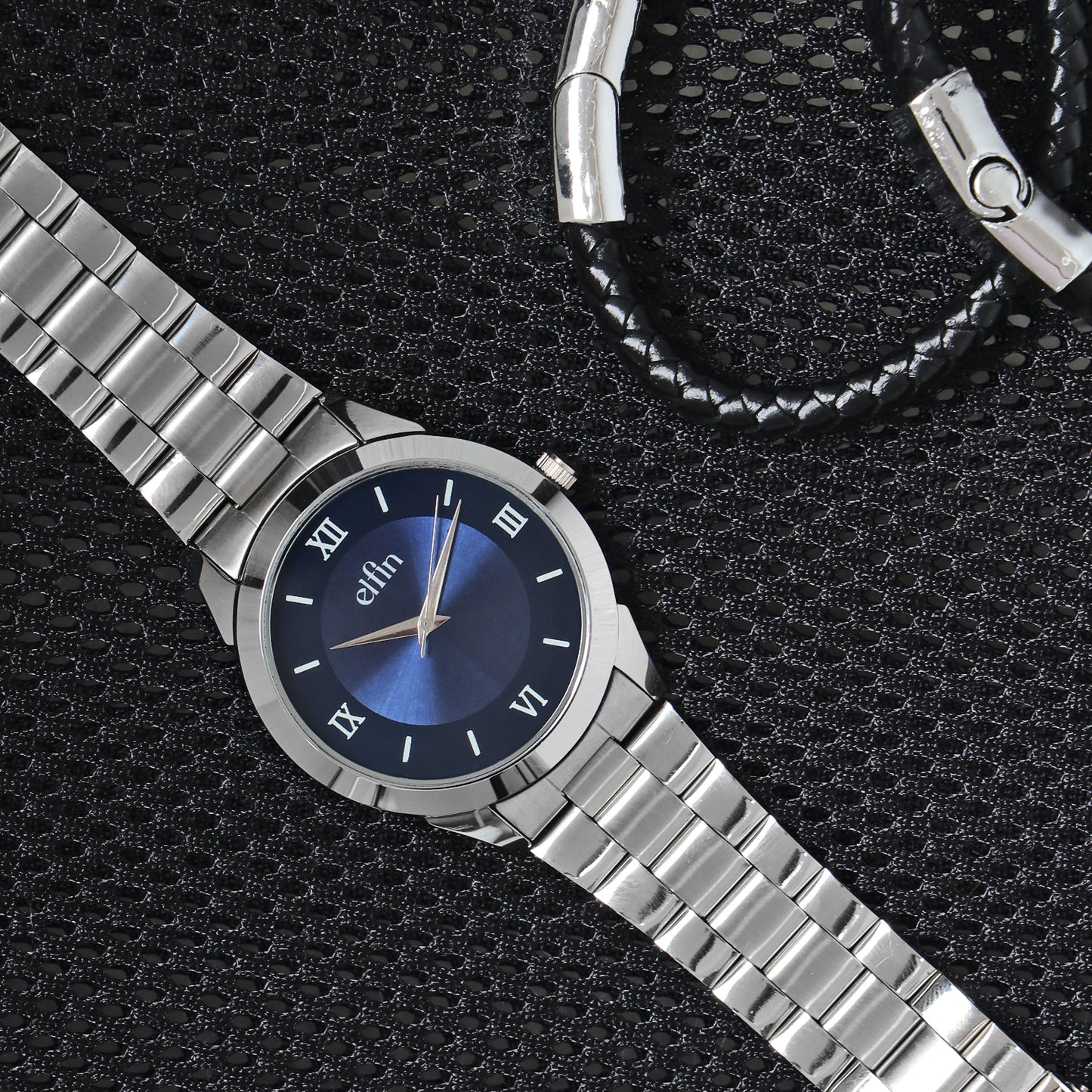 Men’s Analog Watch – Blue Roman Dial with Stainless Steel Strap - ELFM002D