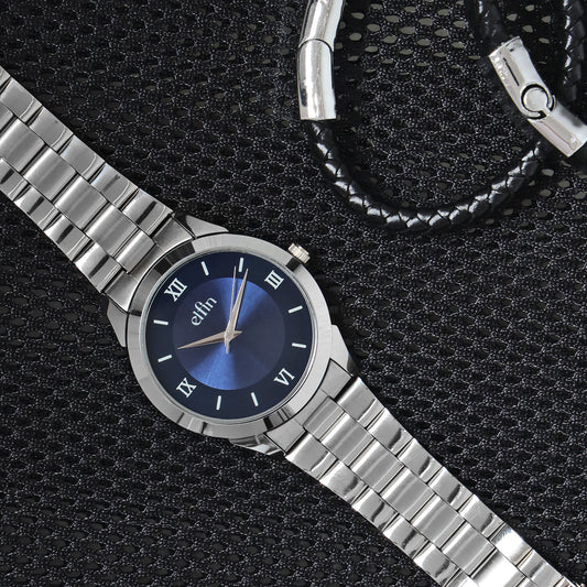 Men’s Analog Watch – Blue Roman Dial with Stainless Steel Strap - ELFM002D