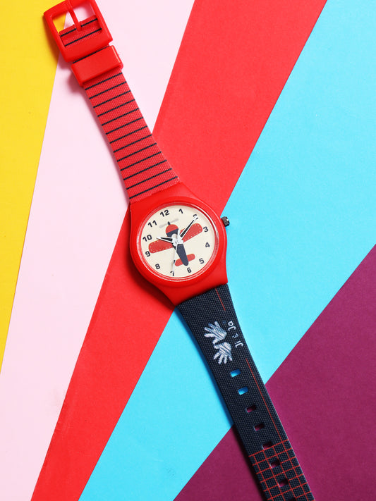 Kid’s Airplane Graphic Dial Analog Watch with Red Case & Dual-Tone Silicone Strap - JJ231