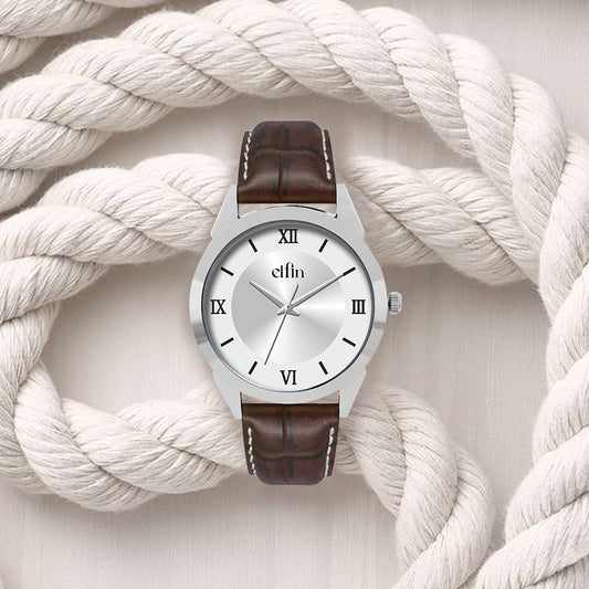 Men’s Analog Watch – Silver Roman Dial with Brown Leather Strap - ELFM002B