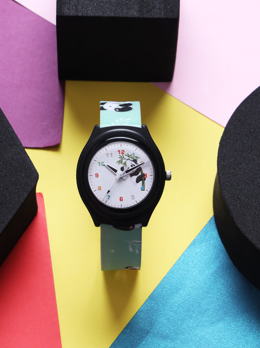 Kids’ White Dial Analog Watch with Black Case and Panda Print Silicone Strap - JJ224