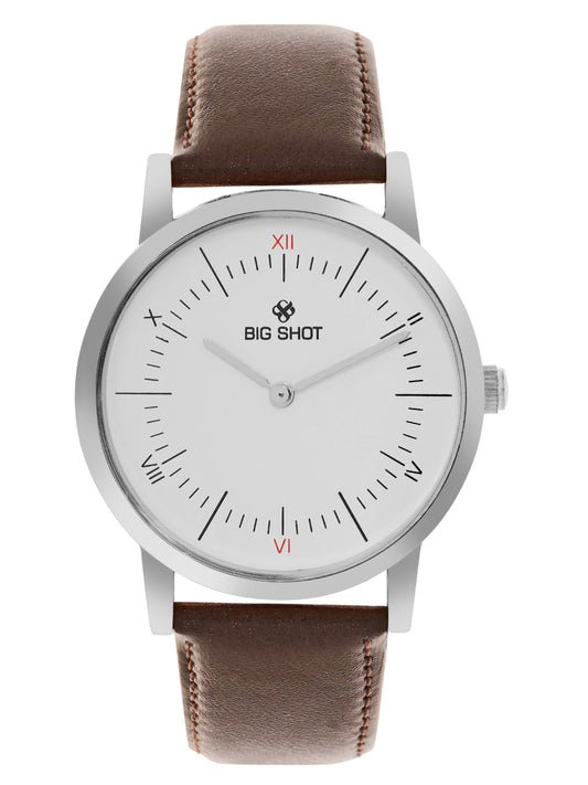Men’s White Dial with Brown Leather Strap Classic Analog Watch - BSM002A