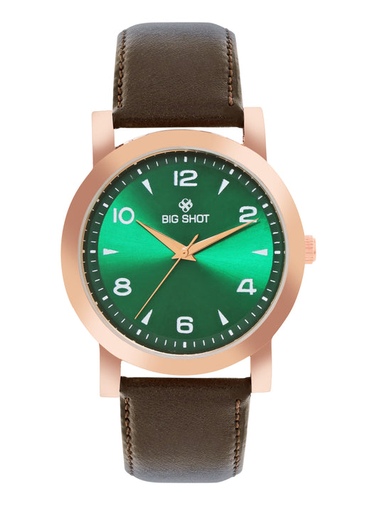 Men’s Green Dial Rose Gold Case Analog Watch with Brown Leather Strap