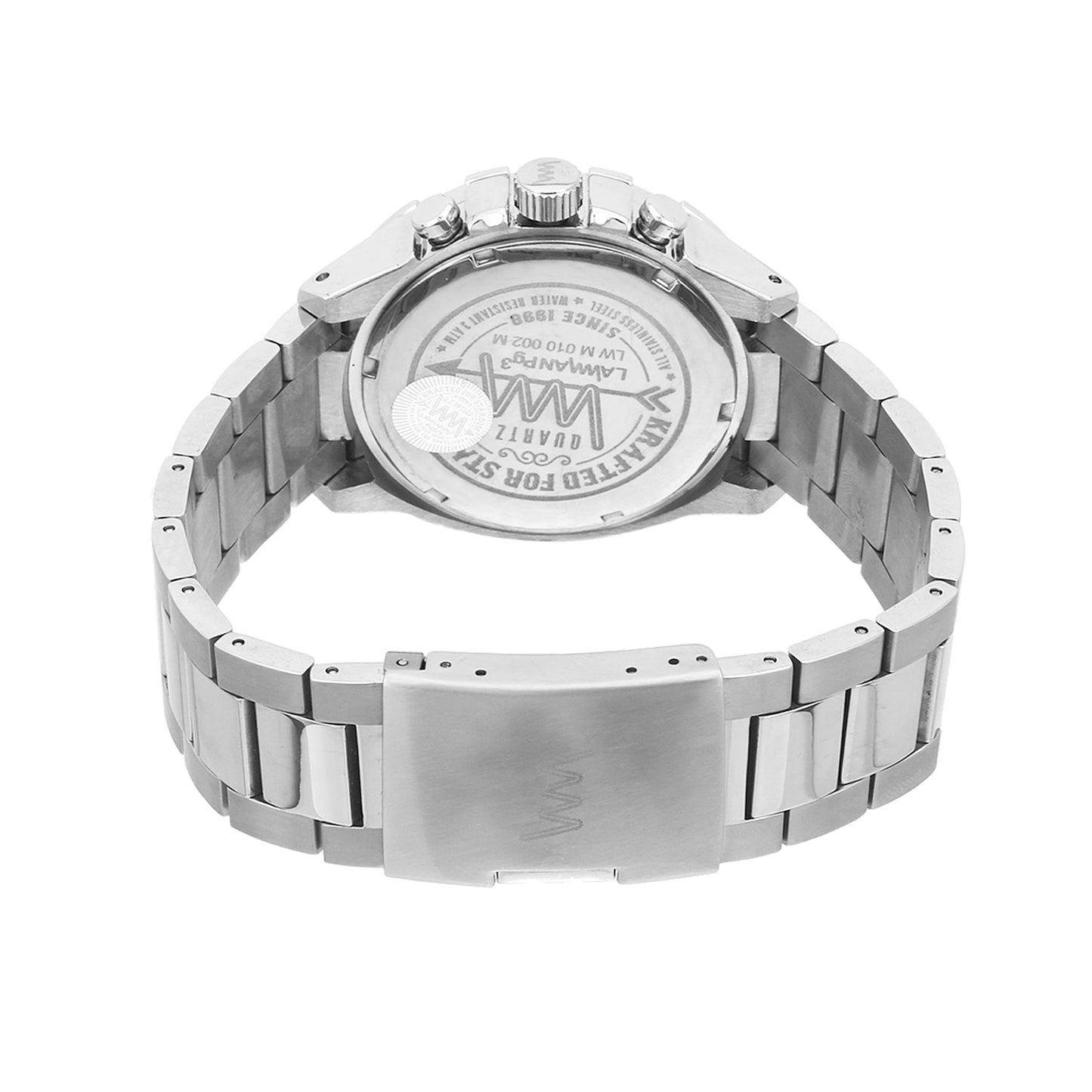 Men Multifunctional Silver Case, Black & Red Dial with Silver Stainless Steel Bracelet Watch LWM010002M