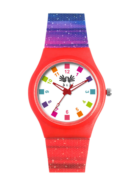 Kids’ White Dial Analog Watch with Rainbow Silicone Strap - JJ204
