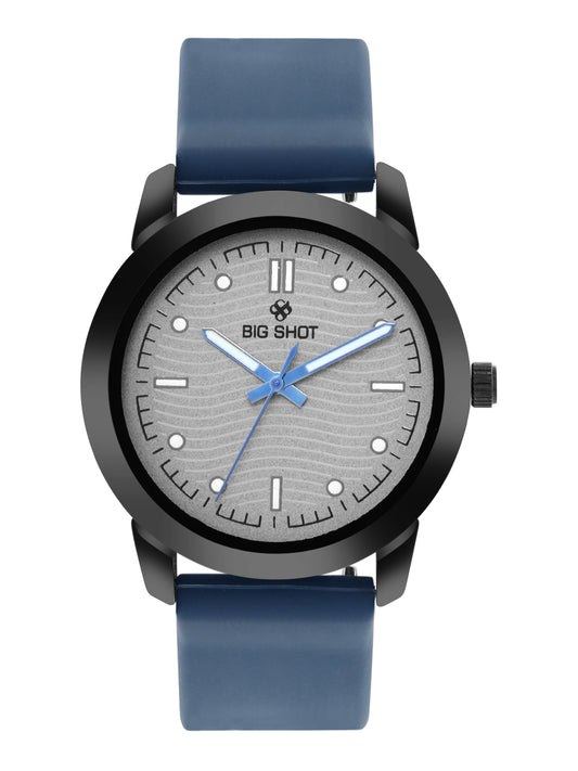 Men’s Analog Watch – Grey Textured Dial with Blue Strap & Blue Hands - BSM008C
