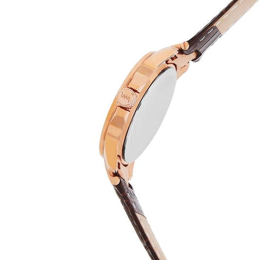 Women's Rose Gold Bling, White Dial, Brown Genuine Leather Strap Watch LWWI106B
