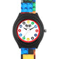 Kids’ White Dial Analog Watch with Black Case and Colorful Block Print Silicone Strap - JJ223