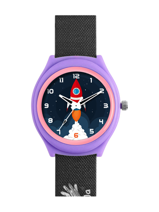 Kid’s Rocket Graphic Dial Analog Watch with Purple Case & Black Silicone Strap - JJ232