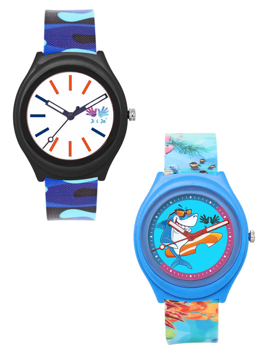 Kids’ Combo Pack Analog Watches – Camouflage Style & Shark Cartoon Design - JJ114116