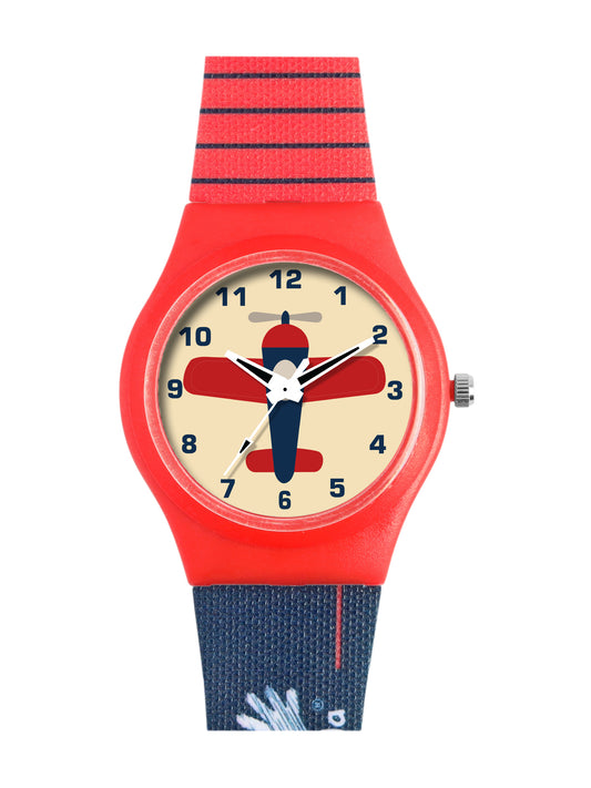 Kid’s Airplane Graphic Dial Analog Watch with Red Case & Dual-Tone Silicone Strap - JJ231