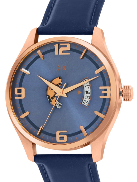 Men's Rose Gold Case, Blue Skeleton Dial, Blue Leather Strap, Date Watch KLMO103A
