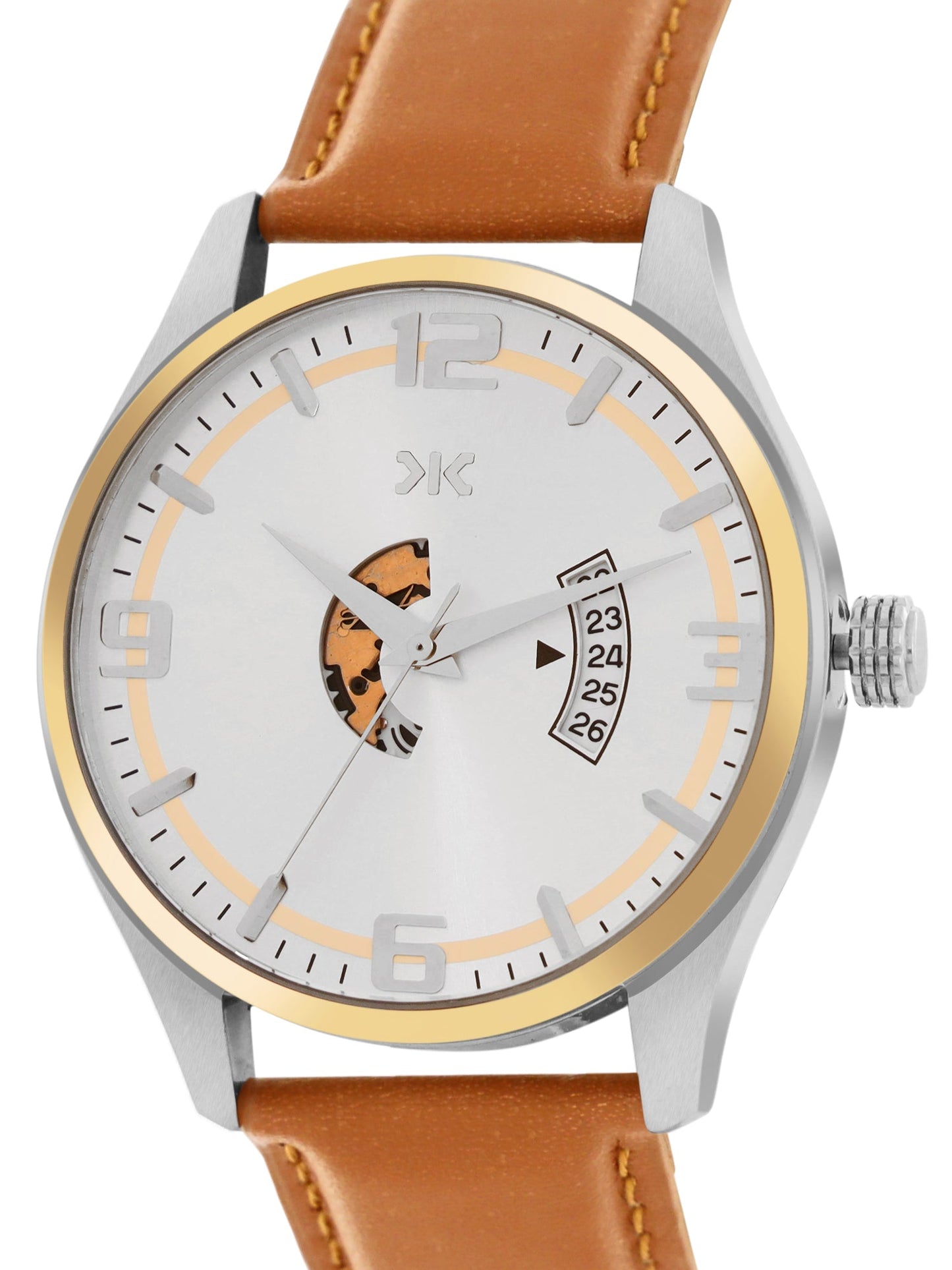 Men's Two-tone, Silver Skeleton Dial, Brown Leather Strap, Date Watch KLMO103D