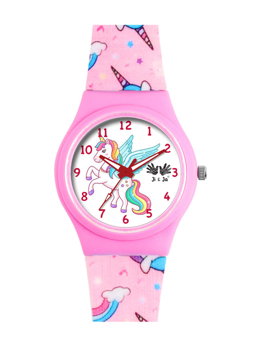 Kids’ White Dial Analog Watch with Unicorn Print Silicone Strap - JJ206