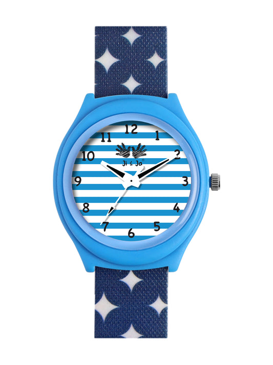 Kid’s White & Blue Striped Dial Analog Watch with Blue Case & Printed Silicone Strap - JJ230
