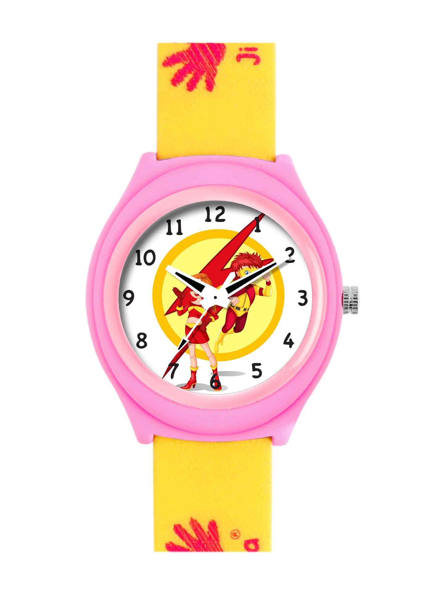 Kid’s White Dial Analog Watch with Pink Case & Yellow Printed Silicone Strap - JJ229