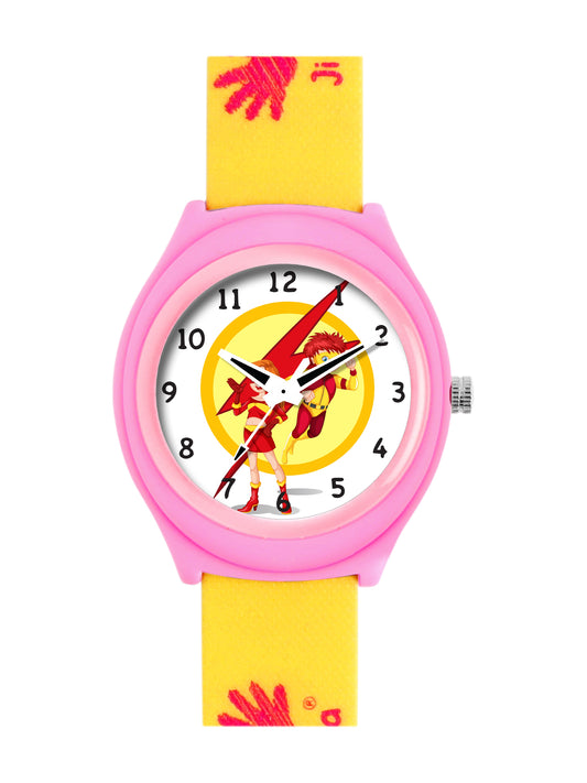 Kid’s White Dial Analog Watch with Pink Case & Yellow Printed Silicone Strap - JJ229