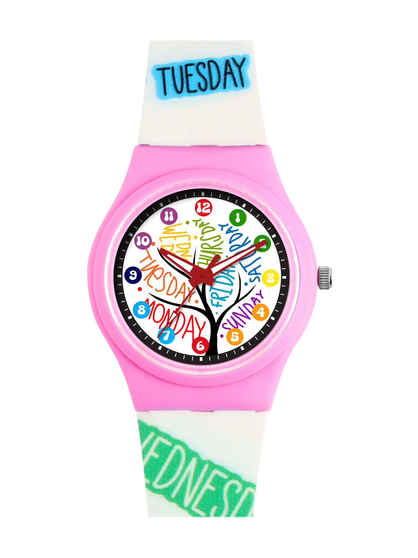 Kids’ White Dial Analog Watch with Days of the Week Silicone Strap & Pink Case - JJ221