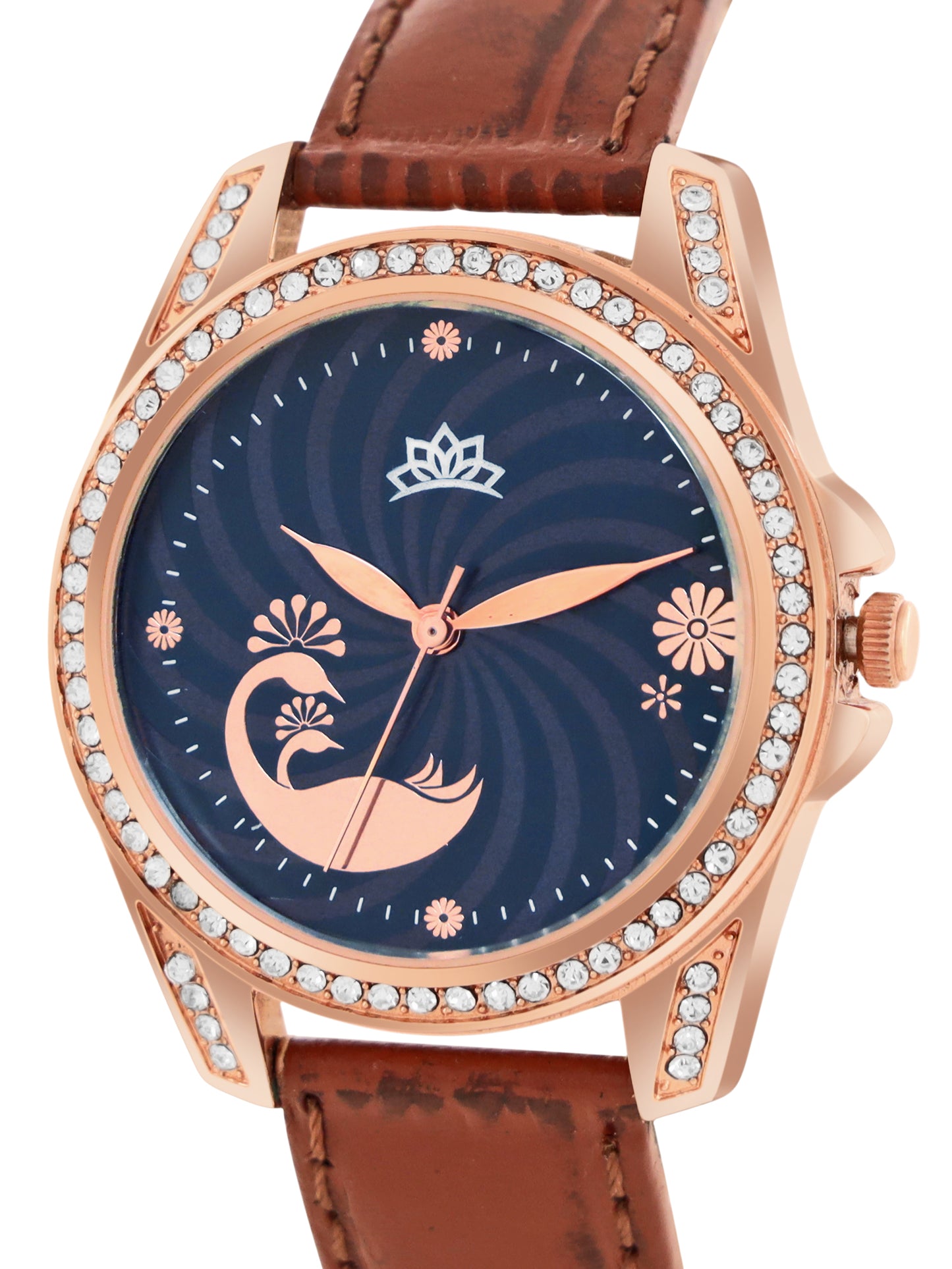 Women’s Elegant Blue Dial with Brown Leather Strap and Crystal Rose Gold Case - D009A