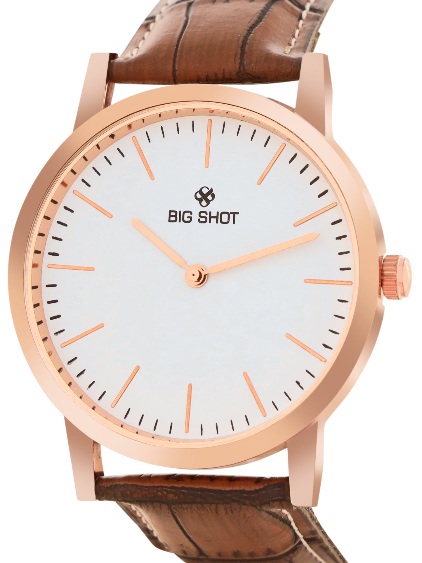 Men’s Classic White Dial Analog Watch with Rose Gold Case & Brown Leather Strap - BSM001D
