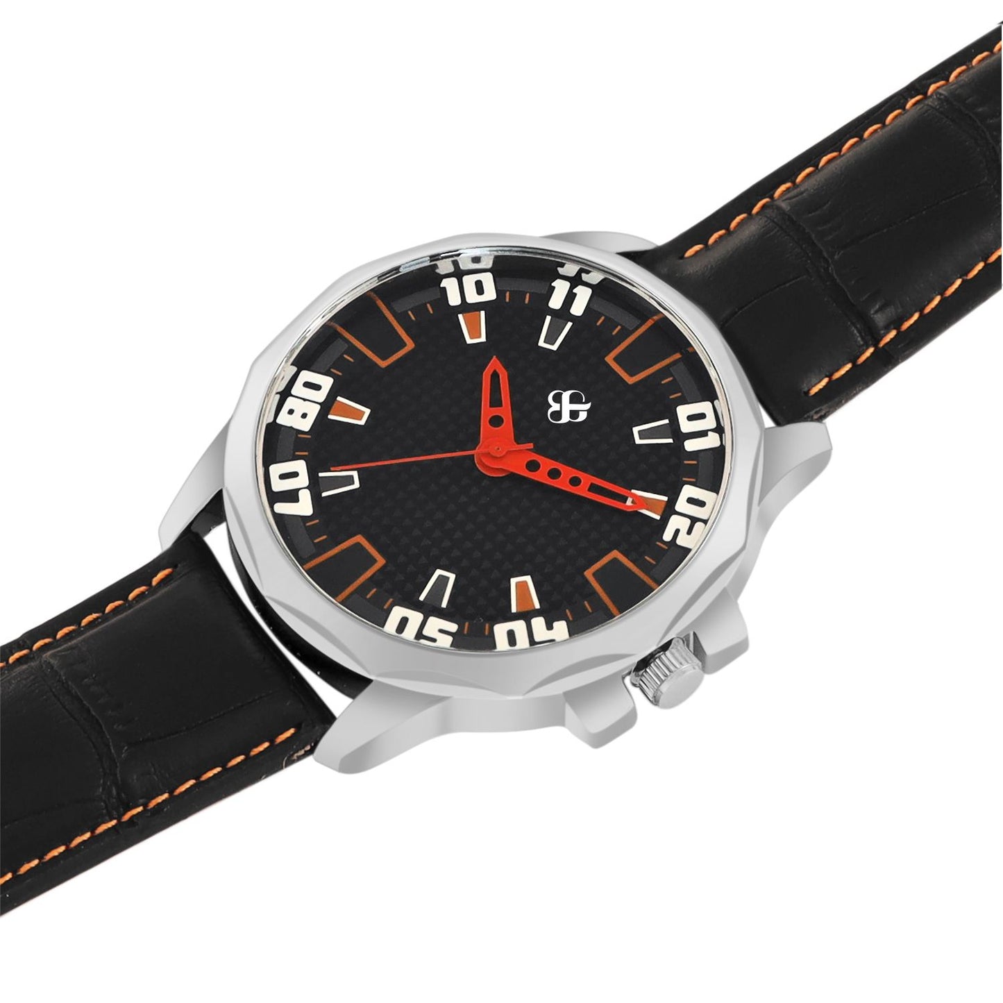 Men’s Sporty Black Dial Analog Watch with Orange Accents & Black Leather Strap - BSM073C