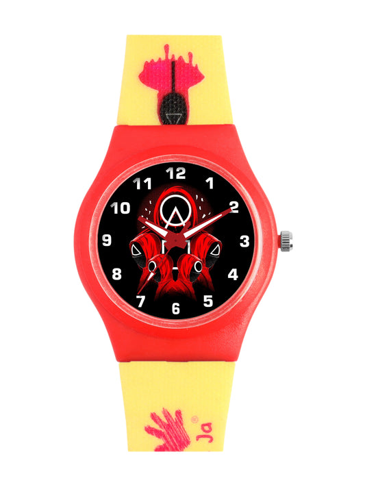Kids’ Black Dial Analog Watch with Red Case and Yellow Printed Silicone Strap - JJ211