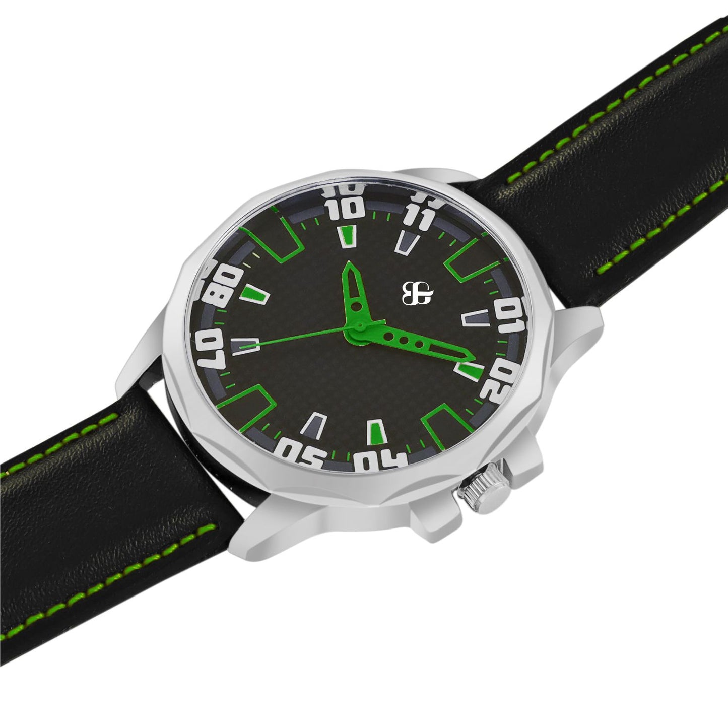 Men’s Black Dial with Green Accents and Black Leather Strap Analog Watch - BSM073G
