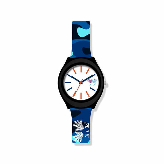 Kids Analog Watch Camouflage Blue Patch Strap with White Dial
