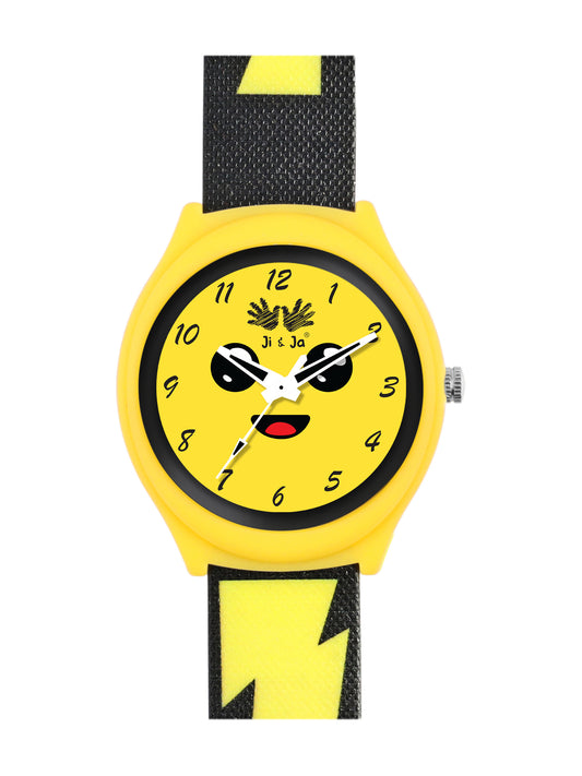 Kids’ Yellow Emoji Dial Analog Watch with Lightning Bolt Strap - JJ243