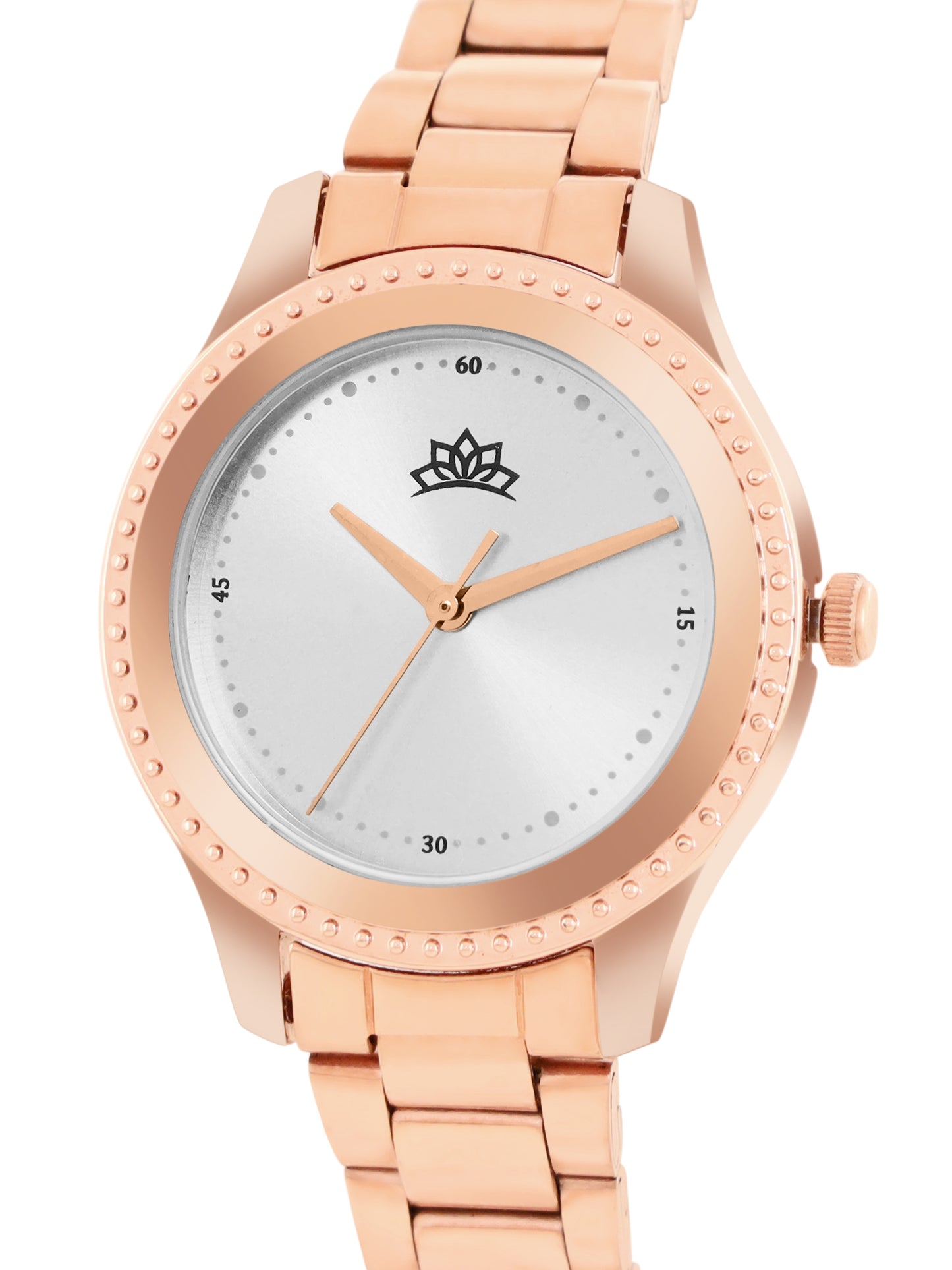 Women’s Rose Gold Bracelet Watch with Crystal Bezel & Silver Dial - D001F
