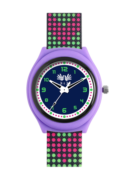 Kid’s Black Dial Analog Watch with Purple Case & Multicolor Silicone Strap - JJ228
