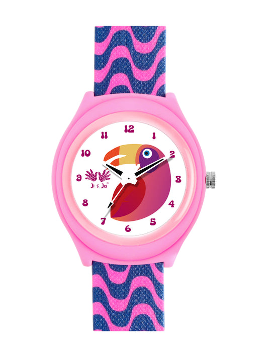 Kids’ Pink Analog Watch with Toucan Dial & Wavy Strap Design - JJ241