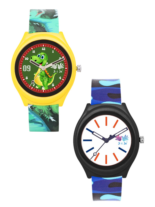 Kids' Combo Pack Analog Watches – Green Dinosaur Adventure & Blue Camouflage Sports - JJ120114
