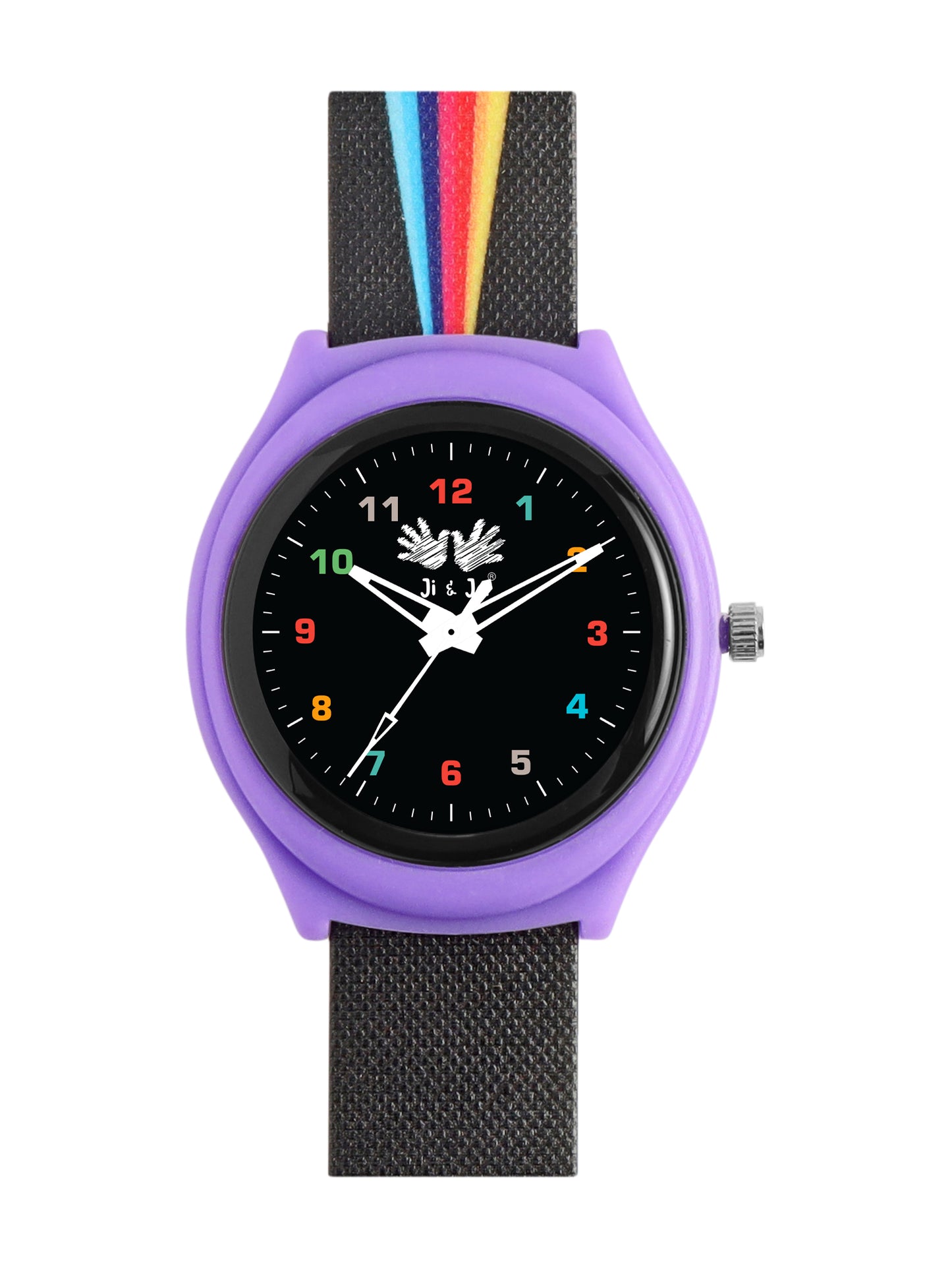 Kids’ Purple Analog Watch with Black Dial & Rainbow Stripe Strap - JJ242