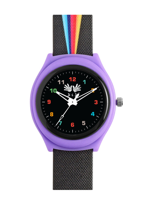 Kids’ Purple Analog Watch with Black Dial & Rainbow Stripe Strap - JJ242