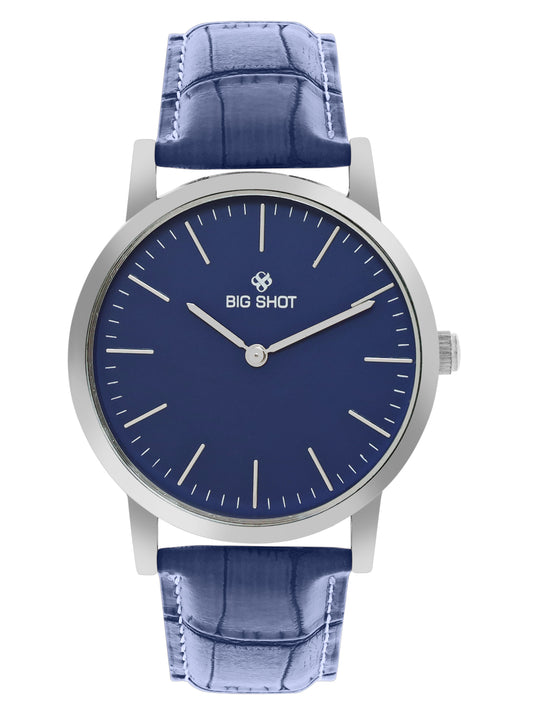 Men’s Minimalist Blue Dial Analog Watch with Textured Blue Leather Strap - BSM001B