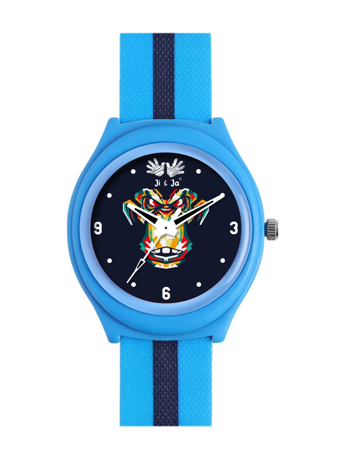 Kids’ Black Dial Analog Watch with Blue Case & Dual-Stripe Silicone Strap - JJ239
