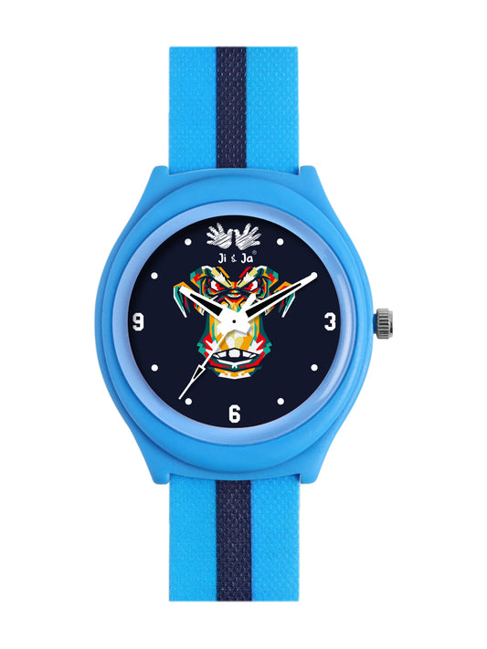 Kids’ Black Dial Analog Watch with Blue Case & Dual-Stripe Silicone Strap - JJ239