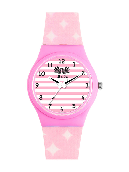 Kids’ White & Pink Striped Dial Analog Watch with Pink Case & Patterned Strap - JJ240