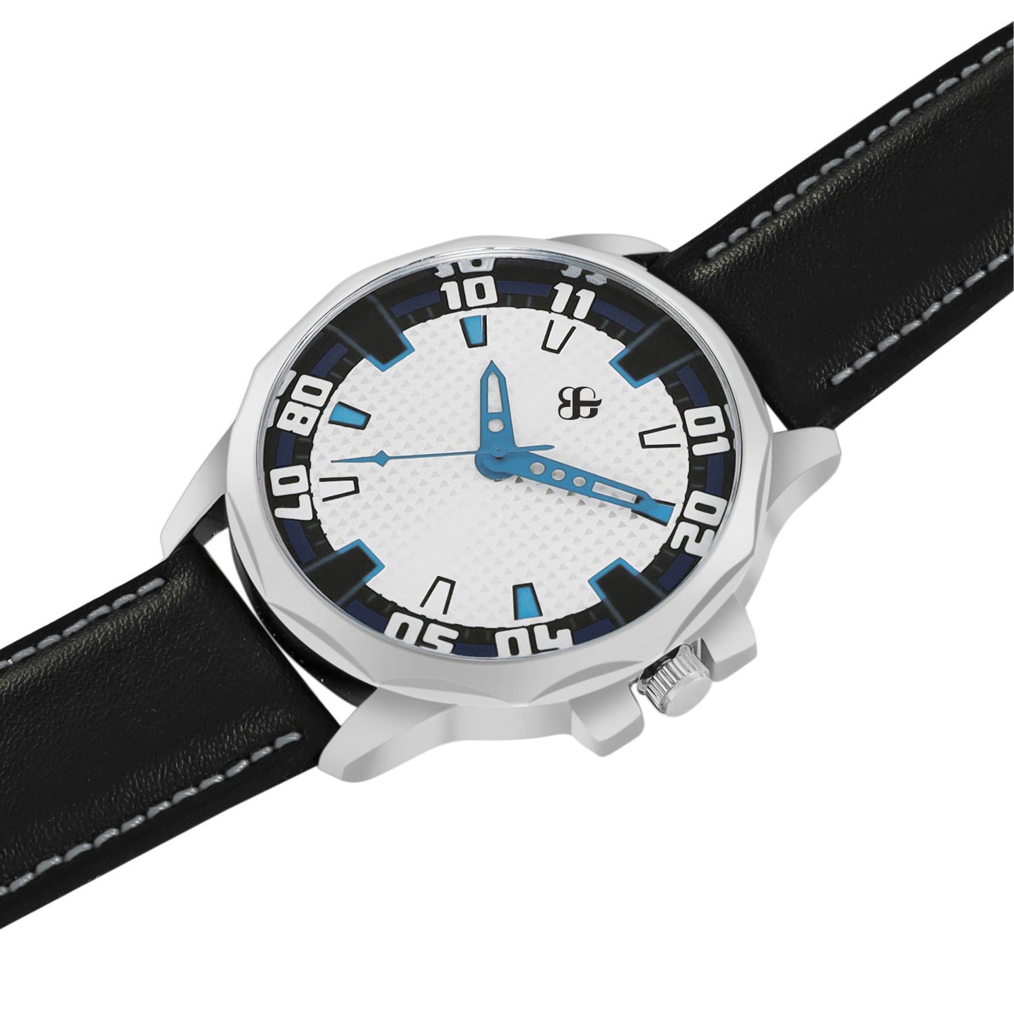 Men’s White Textured Dial with Black Leather Strap Analog Watch - BSM073E
