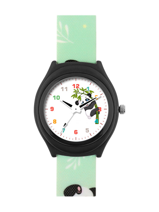 Kids’ White Dial Analog Watch with Black Case and Panda Print Silicone Strap - JJ224