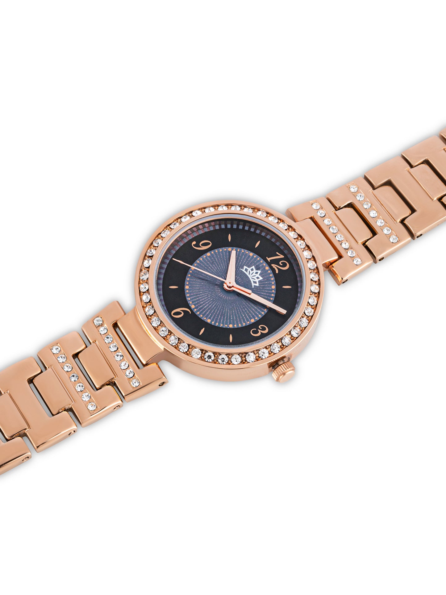Dhyara Women’s Elegant Black Dial with Rose Gold Metal Strap & Crystal Bezel Watch - D004E
