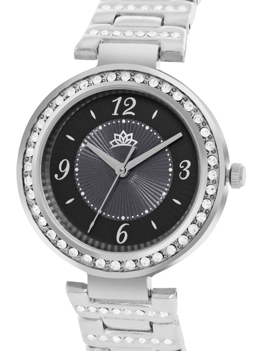 Women’s Black Dial Silver Bracelet Watch with Crystal Bezel - D004A